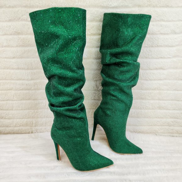 Radiant Emerald Green Rhinestone High Heel Slouch Knee High Boots - Picture 6 of 9